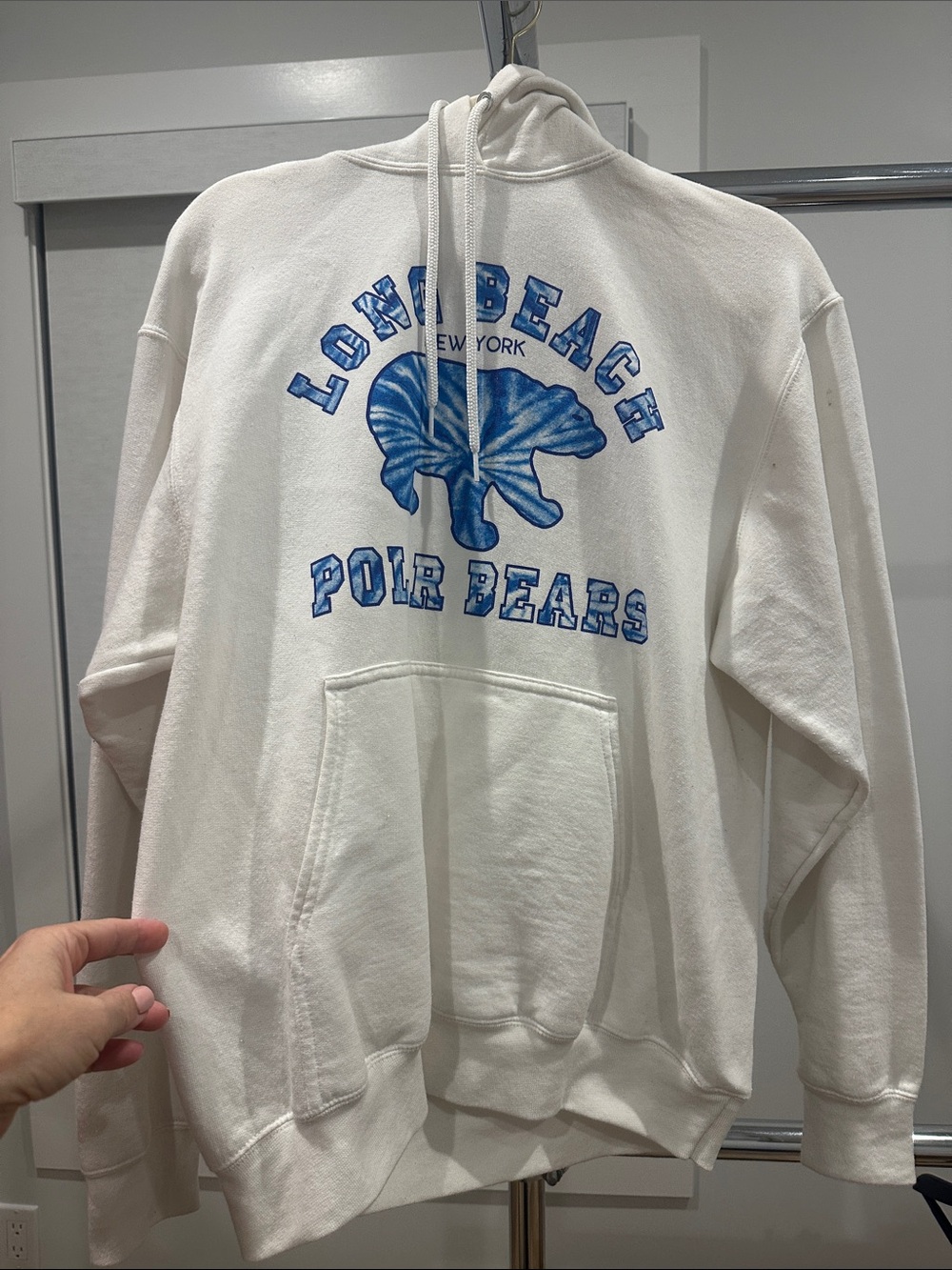 White Hoodie with Blue Graphic Print - Men Sweatshirt- Long Beach polar bears